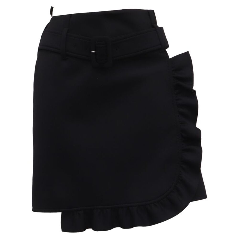 Prada Belted Ruffle-Accent Mini Skirt in Black Polyester